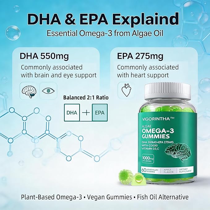 Vegan Omega 3 Gummies 1000mg with Coq 10, Vitamin D3,E,C,Omega 3 Fish Oil Alternative for Adults, Plant Based DHA 550mg & EPA 275mg for Brain, Mobility, Eye, Sugar Free, 60 Count
