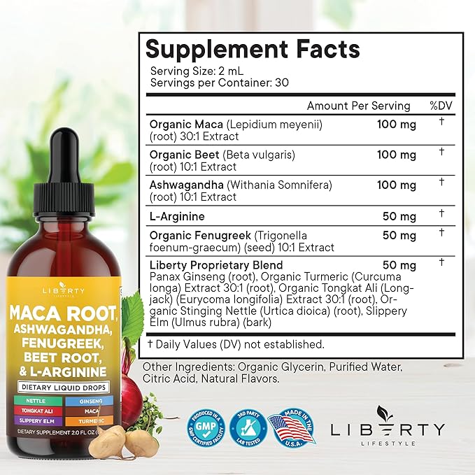 Organic Maca Root Liquid Drops with Ashwagandha, Nettle, Fenugreek, Beet Root and L-Arginine Liquid Multivitamin for Women and Men - 4oz