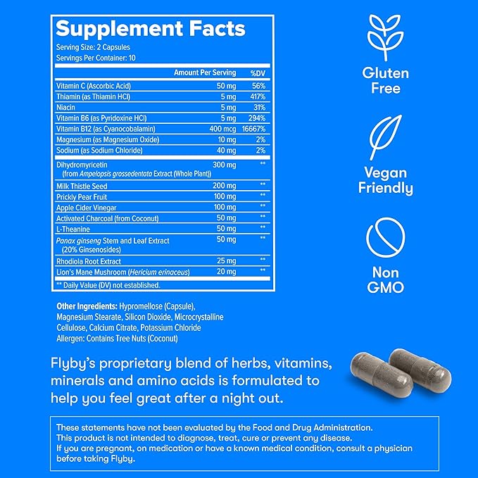 Flyby Recovery Supplement - All The Hang, Without The Over!™ - with DHM, Milk Thistle, Vitamin C, Activated Charcoal, and Apple Cider Vinegar - Pre & Post Drinking Formula (80 Count)