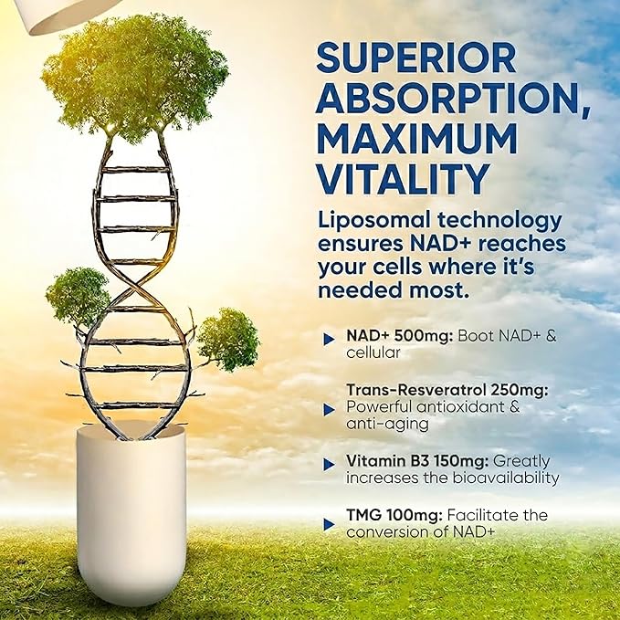 Liposomal NAD+ Supplement 500mg, Nicotinamide Adenine Dinucleotide for Cellular Energy and DNA Health, NMN Alternative for Healthy Aging and Focus, Enhanced Absorption, 120 Capsules, 2 Month Supply