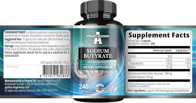 Sodium Butyrate High Dose 580 mg (30% Butyric Acid), 240 Vegan Capsules, 8 Month Supply, Sodium Supplement to Support Overal Gut Health - by Apollo's Hegemony