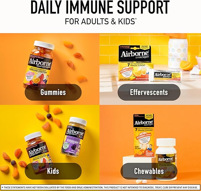 Airborne 1000mg Vitamin C + Zinc Immune Support Supplement Chewable Tablets, Citrus Flavor with Powerful Antioxidants Vitamins A C & E, 116 Chewable Tablets (2 Pack)