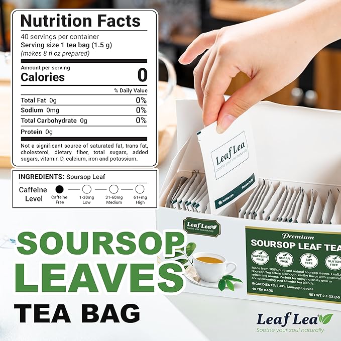 LeafLea 160 Premium Soursop Tea Bags, Natural & Pure Sour sop Graviola Tea Leave, Hoja Guanabana Leaf Herbal Tea Bags Variety Pack of 4, Digestive Support, Nutrient-Rich, Vegan, Sugar/Caffeine Free