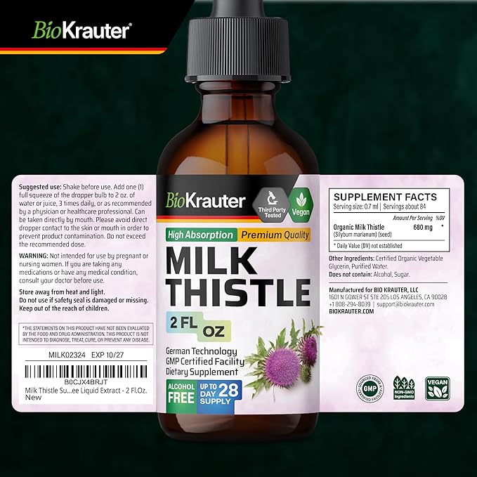 BIO KRAUTER® Milk Thistle Supplement - Liquid Pure Vegan Milk Thistle Extract 680 mg per Serving 2 Fl.Oz 28 Days of Supply - Liver Cleanse & Detox, Сontains Silymarin - Alcohol & Sugar Free