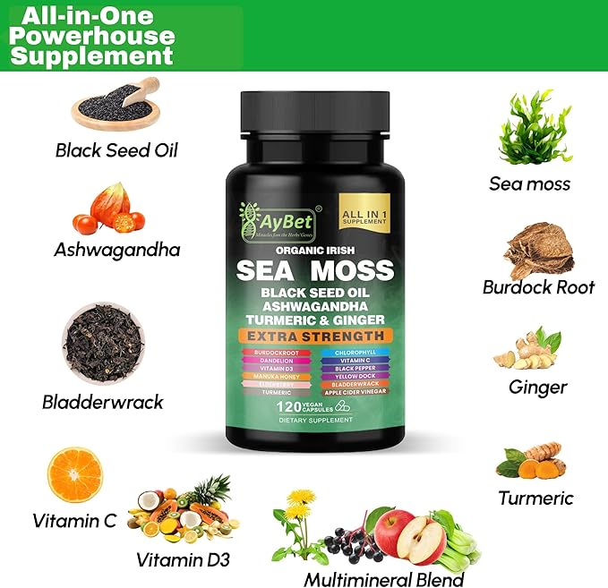 Organic Irish Sea Moss Capsules 120 Count –16 in 1 Sea Moss Supplement with Black Seed Oil, Ashwagandha, Turmeric & Ginger, Bladderwrack & Burdock Root, Vitamin D3 –Organic, Vegan, Halal, Non-GMO