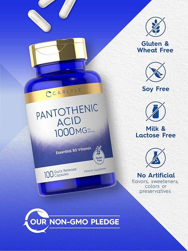 Carlyle Pantothenic Acid | 1000mg | 100 Capsules | Essential B5 Vitamin | Non-GMO, Gluten Free Supplement