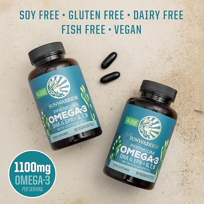 Sunwarrior Vegan Omega 3 DHA & EPA Supplement Algal Oil Preferred Alternative to Fish Oil Supports Brain Eye Joint & Heart Health (60 Count)