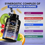 Vitamin B Complex Methylated - B-Complex with Methylfolate & B12 - Bioavailable for Men & Women - 9-in-1 Methylated Multivitamin - Energy, Brain & Mood - Vegan - Made in USA - 120 Capsules, One/Day