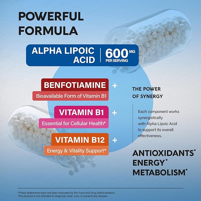 Alpha Lipoic Acid 600mg - ALA Supplement Antioxidant for Nerve, Energy & Metabolism Support - Extra Strength with Benfotiamine, B1 & B12 - Lab Tested, NON-GMO & Vegan - 180 Capsules, 3 Month Supply