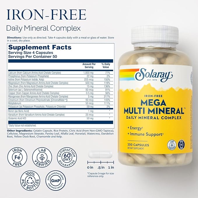 SOLARAY Mega Multi Mineral, Iron Free - Daily Mineral Supplement w/Trace Minerals, Electrolytes, Calcium, Magnesium, Zinc, Selenium, Boron -Cellular Energy, Immune Support, 60-Day Guarantee, 50 Serv