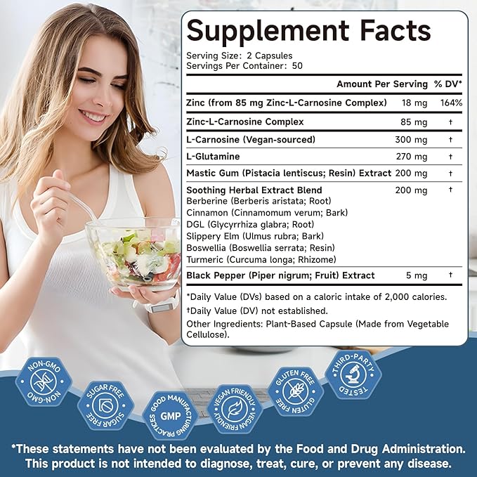 Zinc L Carnosine Complex 85mg, 11-in-1 Digestive & Gut Health Support Supplement, with Soothing Herbal Extract Blend, L-Glutamine & Mastic Gum, 100 Capsules, Non-GMO, Vegan