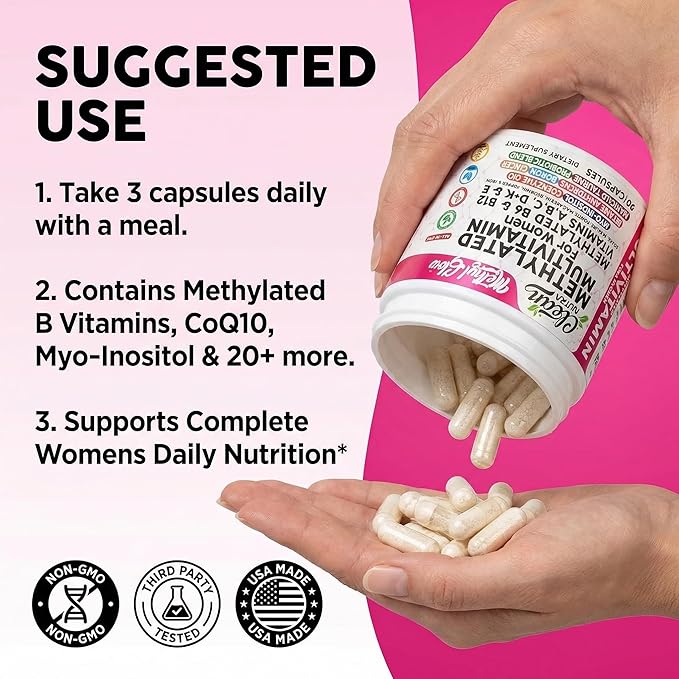 Methylated Multivitamin for Women Vitamins B6 Methyl B12 A B C D K E Folate Choline Omega 3 Thiamine Riboflavin Iron Iodine Magnesium Zinc Selenium Copper Calcium 90 Capsules by Clean Nutra