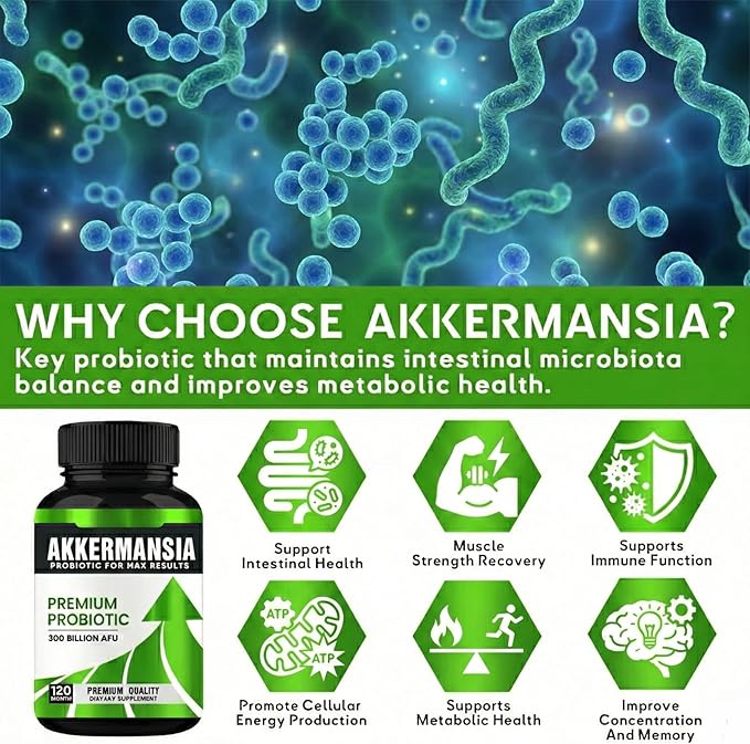 Akkermansia Probiotic Supplement, (120 Count) Akkermansia Muciniphila, High-Potency Formula for Gut Health & Immune Support, 300 Billion CFU, Vegan