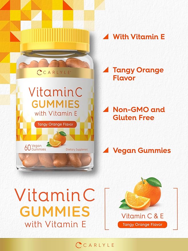 Carlyle Vitamin C Gummies | 60 Count | Orange Flavor | with Vitamin E | Vegan, Non-GMO, and Gluten Free Supplement