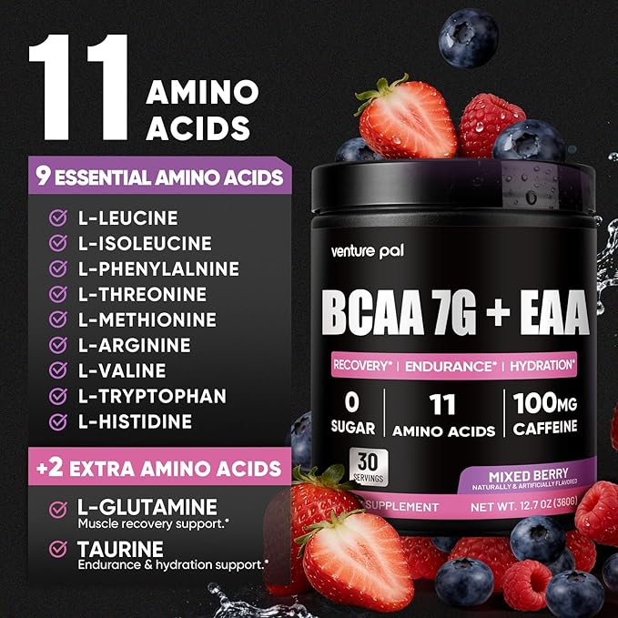 Sugar Free 7g BCAA + EAA Powder | Supports Muscle Recovery, Growth, Strength & Endurance – 9 Essential Amino Acids with L-Glutamine, Caffeine, Vitamin & Electrolyte for Energy & Hydration, Gluten Free