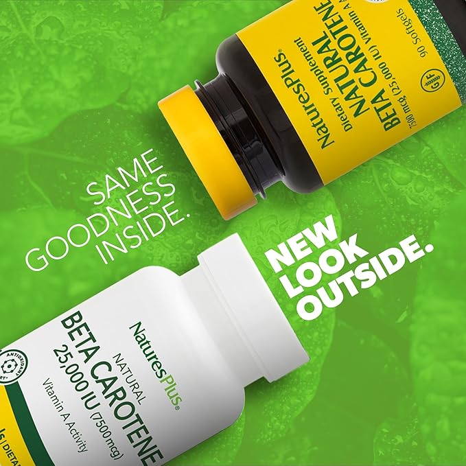 NaturesPlus Natural Beta Carotene - 25,000 IU Vitamin A & Vitamin E - 90 Softgels - Eye Supplement, Antioxidant, Aids in Free Radical & Natural Cellular Defense - Gluten Free - 90 Servings