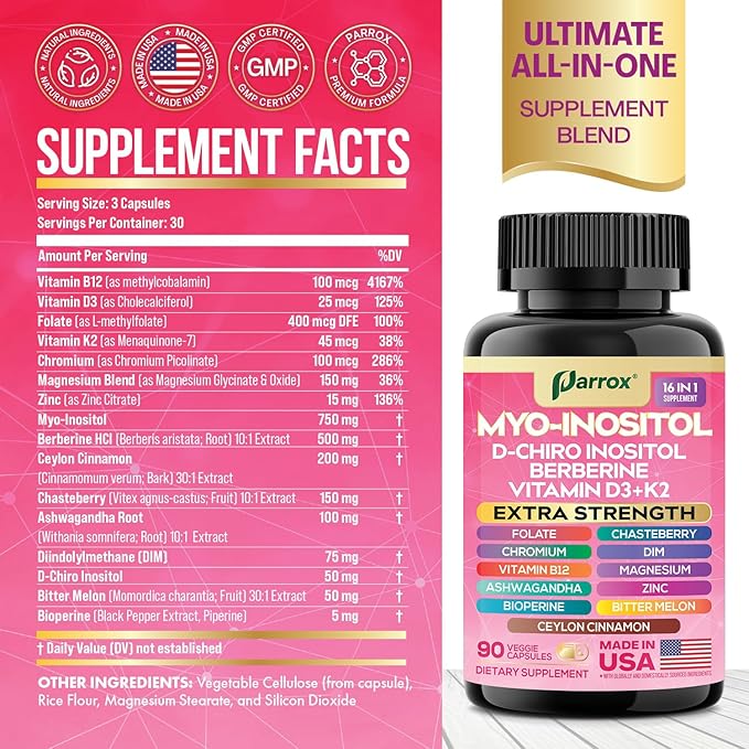 Myo Inositol Supplement, D-Chiro Inositol, Folate, DIM, Vitamin D3, B12, K2, Chromium, Bioperine, Ceylon Cinnamon, Zinc, Ashwagandha, Chasteberry, Magnesium, Berberine (90 Vegan Capsules)