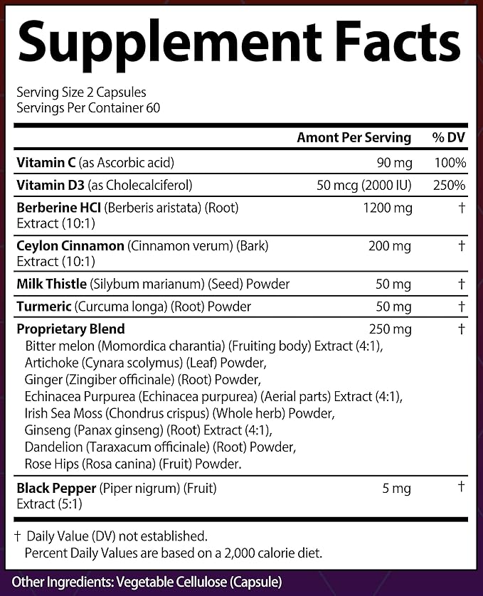 Berberine with Ceylon Cinnamon Supplement, Milk Thistle, Turmeric, Bitter Melon for Digestion, Immunity. Organic Complex for Men & Women, Non-GMO, Gluten-Free, Vegan, USA (120 Capsules)