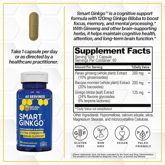 NATURAL STACKS Smart Ginkgo Biloba & Smart NMN Supplement Bundle - Extra Strength Brain Support & NAD+ Support* - 120 Total Capsules