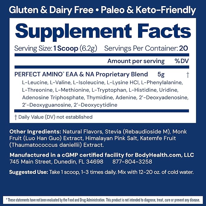 BodyHealth PerfectAmino - BCAA and EAA Powder for Pre and Post Workout - Amino Acid Energy Drink for Men and Women to Support Lean Muscle and Recovery - Vanilla - 20 Servings