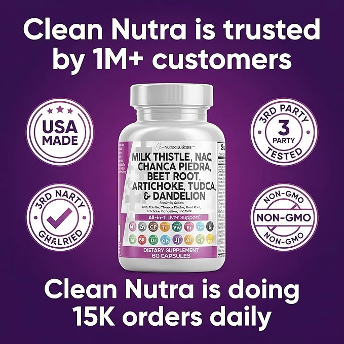 Clean Nutraceuticals Milk Thistle NAC Chanca Piedra Beet Root Artichoke Astragalus Dandelion Root - Liver Cleanse Detox & Repair Supplement Plus TUDCA Choline & Ginger - 1Pack
