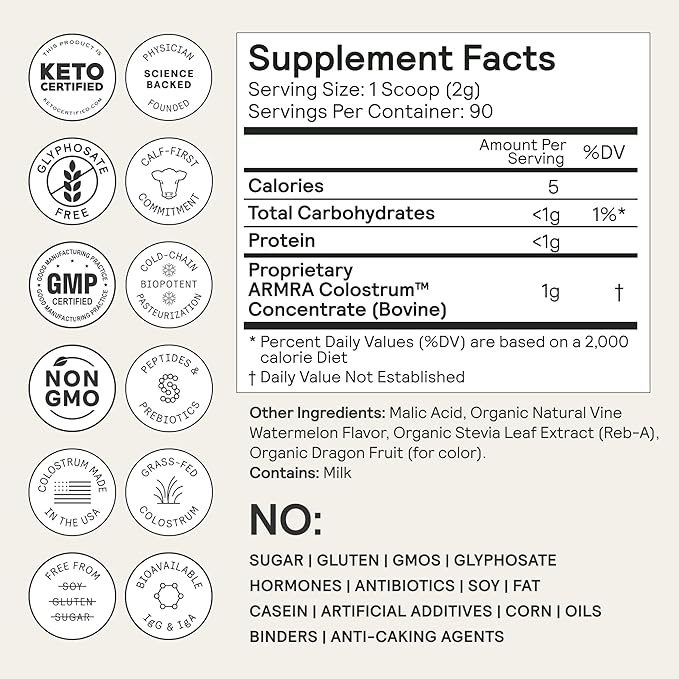 ARMRA Colostrum Powder | Vine Watermelon | Gut Health & Bloating | Skin & Hair | Immunity | Keto, Gluten & Fat-Free | 90 Servings