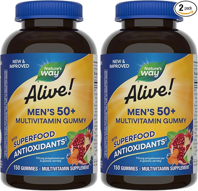Nature's Way Alive! Men’s 50+ Daily Gummy Multivitamins, Supports Healthy Brain, Eyes, Heart*, B-Vitamins, Gluten-Free, Fruit Flavored, 150 Gummies (Packaging May Vary), (Pack of 2)