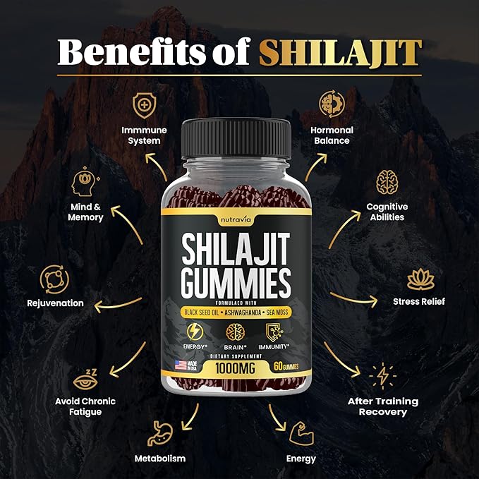 Shilajit Gummies - 3 in 1 with Sea Moss, Black Seed Oil, Ashwagandha - Natural Formula Shilajit Supplement 85+ Trace Minerals, Pure Himalayan Shilajit Gold Gomitas De Shilajit, USA Made (60 Gummies)