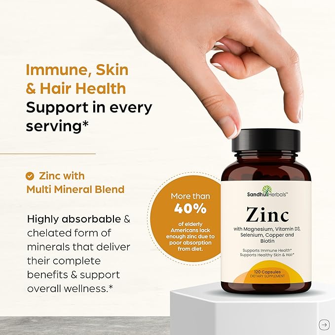 Zinc 30mg With Copper, Selenium & Vitamin D3 | 120 Capsules | Magnesium, Vitamin B6, Biotin | Absorbable Zink Supplements for Men & Women | Chelated Zinc for Immune Health, Skin, Hair, & Nails Support