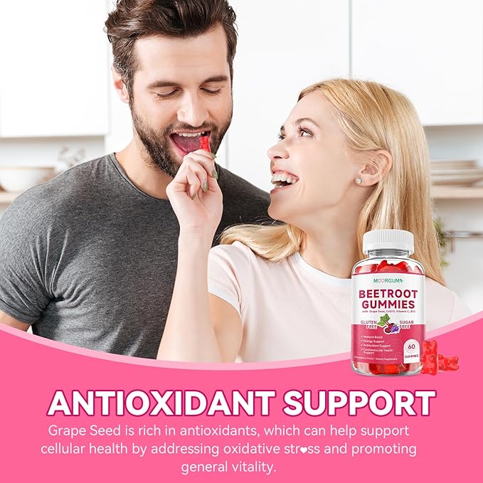 Beetroot Gummies with Grape Seed, Niacin, CoQ10, Vitamin C, B12, L-Citrulline & L-Arginine, Antioxidant Support, Sugar-Free Beet Root Supplement for Women & Men, 60 Count