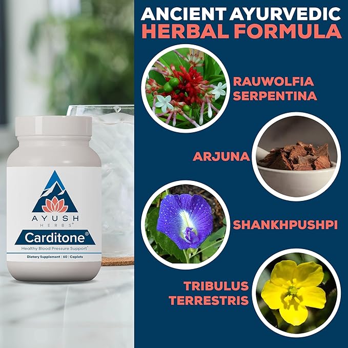 Ayush Herbs Carditone - Natural Heart Health Supplement for Women & Men, BP Formula, Holistic Heart Supplement with Rauwolfia, Arjuna, Calcium, and Magnesium - 60 Vegetarian Caplets (2 Count)