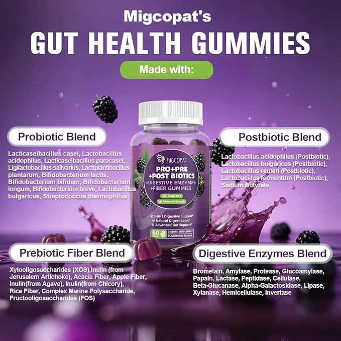 Migcopat Pre Post Probiotics Gummies, Probiotic Prebiotic Postbiotic Digestive Enzymes with Fiber, 120 Billion CFU Probiotics for Gut Health, Sugar Free, Vegan, BlackBerry Flavor, 120 Cts