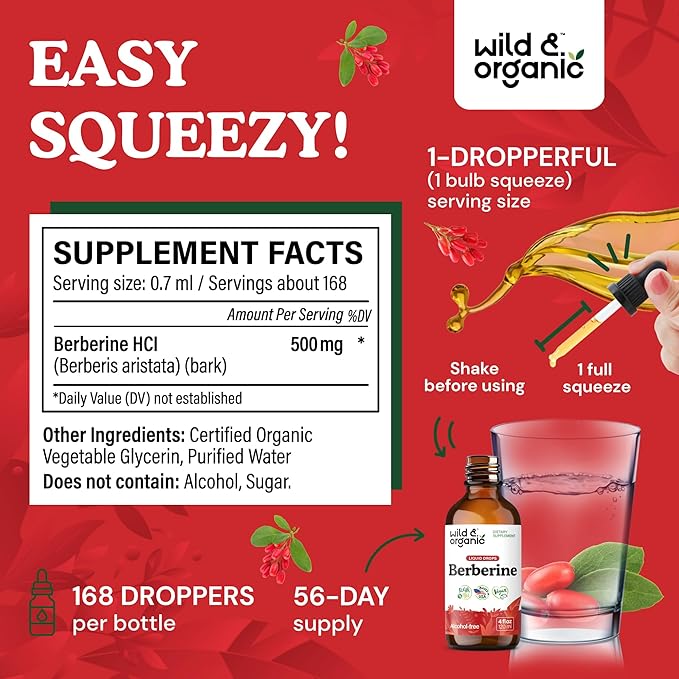 Wild & Organic Berberine Drops - Antioxidant Support - Liquid Berberine HCL 500mg - Add to Tea Supplement - Berberis Aristata Bark Extract - Pure, Vegan, Alcohol & Sugar-Free Tincture - 4 fl oz