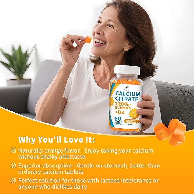(3 Pack) Calcium Citrate 1200 mg Gummies with Vitamin D3, High Absorption Calcium Supplements for Women & Men, Sugar Free, Non-GMO, Gluten Free, Supports Muscle & Immune - Orange Flavor