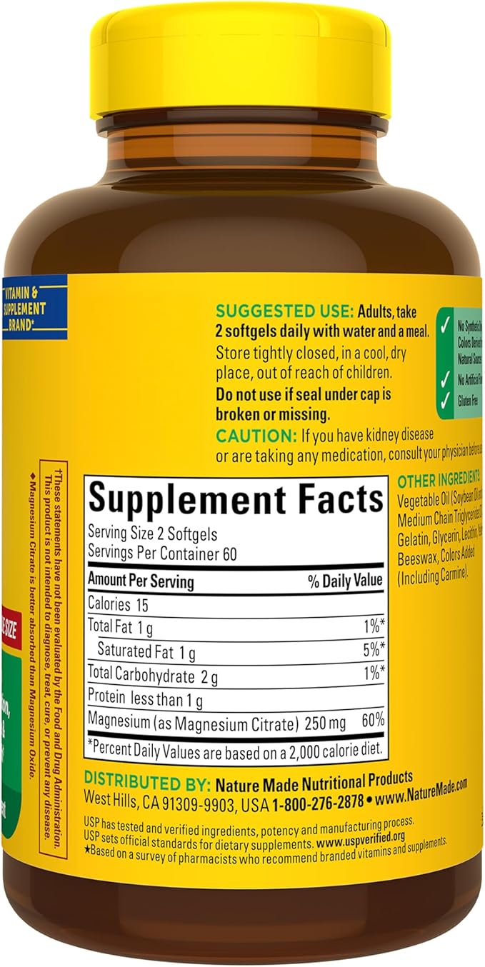 Nature Made Magnesium Citrate 250 mg per serving, Magnesium Supplements for Men and Women, Support for Muscle, Nerve, Bone and Heart, 120 Softgels, 60 Day Supply