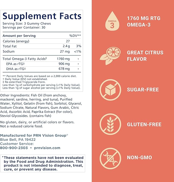 Omega 3 Gummy Chewables - 90 Gel Chews, 30-Day Supply, Citrus Flavor - 1760mg Ultra-Pure rTG Omega 3 for Eye, Heart, Brain, Joint & Immune Health