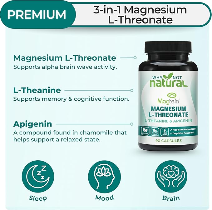 Magnesium L-Threonate Complex with Apigenin and L-theanine, 90 Capsules, Patented Magtein Supplement