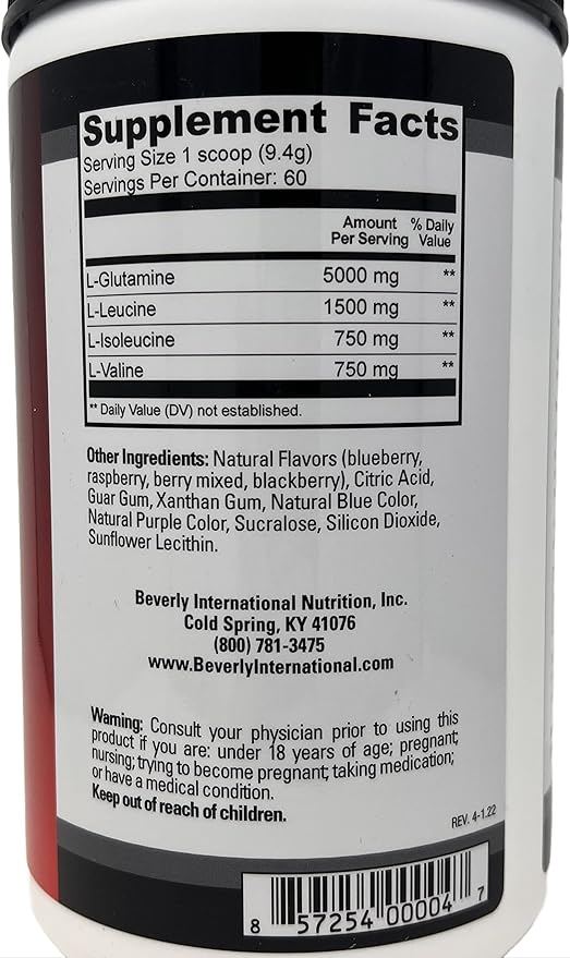 Beverly International Glutamine Select, 60 Servings. Clinically Dosed L-Glutamine and Amino Acid Formula for Lean Muscle and Recovery. Sugar-Free Powder. BCAA’s.