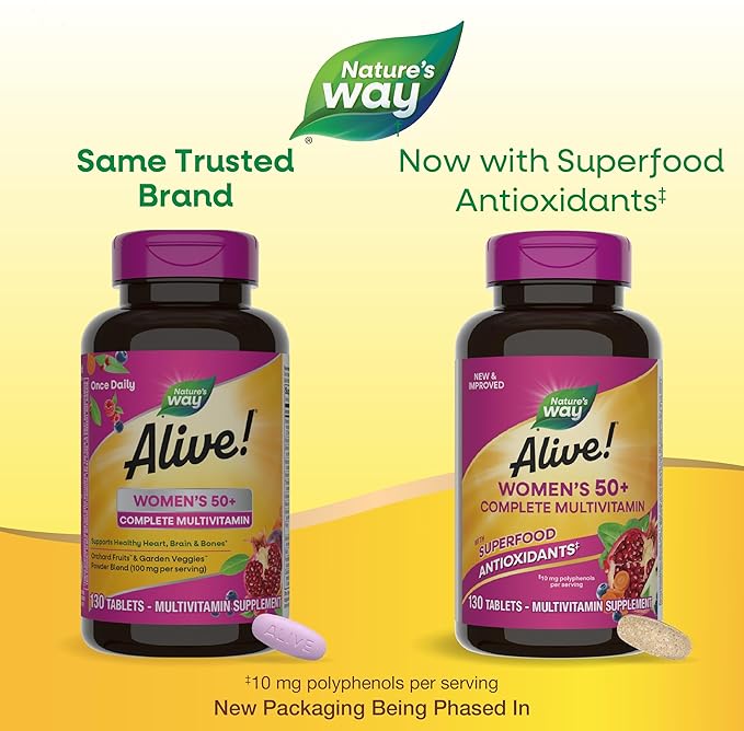 Nature's Way Alive! Women's 50+ Complete Multivitamins, Supports Healthy Heart, Brain, Bones*, Superfood Antioxidants(1), B-Vitamins, Gluten Free, 130 Tablets (Packaging May Vary)
