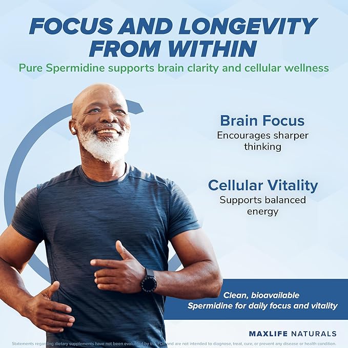 MaxLife Naturals Pure Spermidine Supplement with Trihydrochloride 3HCL 10mg - 120 Capsules Spermidine Supplements for Men and Women, Brain Focus & Cellular Vitality, Cell Renewal Support, Made in USA