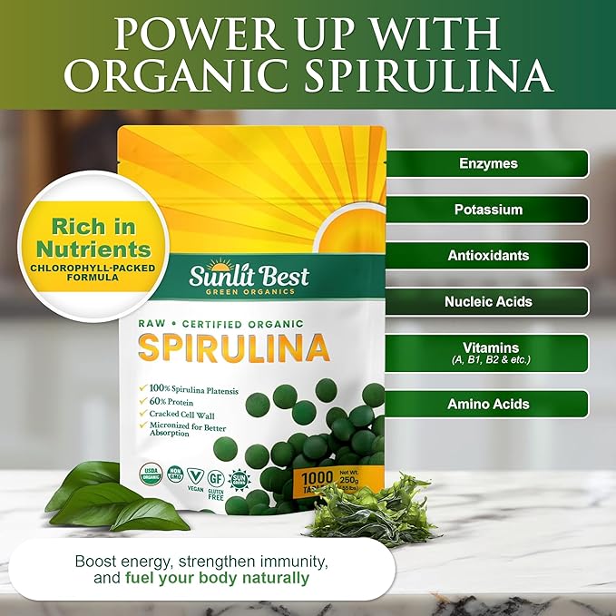 Sunlit Best Spirulina Tablets - Organic Spirulina Tablets USDA Premium 1000 Count - Natural Spirulinas Organic Burst for Immune Support Antioxidants, Energy Boost w/Chlorophyll - High Protein, Non GMO