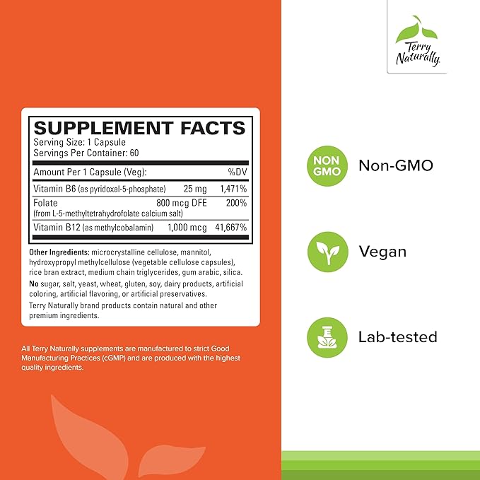 Terry Naturally BioActive Vitamin B - Aid Heart Health with Bioactive B Vitamins - Supplement with Folate & Calcium - B Complex Vitamin to Aid Nervous System Function - 60 Capsules (Pack of 2)