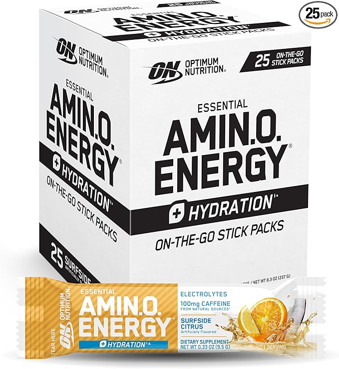 Optimum Nutrition Amino Energy Plus Hydration Packets, On-The-Go Caffiene Stick Packs, Surfside Citrus, 25 Count