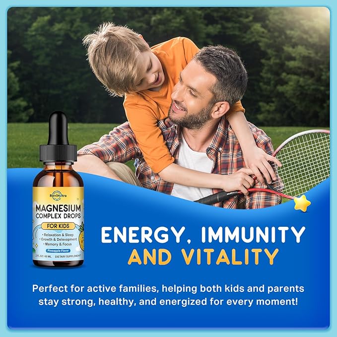 Kids Magnesium Glycinate Liquid Drops, Magnesium for Kids with Calcium, Zinc, L-Theanine, Vitamin D3 K2, C for Sleep, Relaxation, Calm, Focus, Brain,Mood, Bones & Muscles - Pineapple Flavor 2 Pack