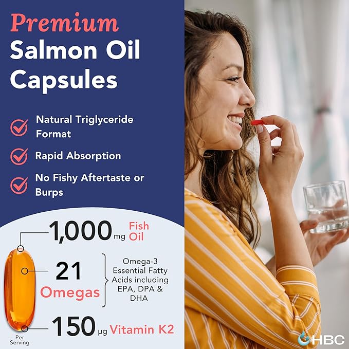 Cardio Omega 3 Fish Oil & Vitamin K2-1000mg, Norwegian Salmon Oil with EPA, DHA, DPA & Astaxanthin, No Fishy Aftertaste, Fatty Acids Supplement - 90 Capsules