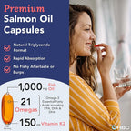 Cardio Omega 3 Fish Oil & Vitamin K2-1000mg, Norwegian Salmon Oil with EPA, DHA, DPA & Astaxanthin, No Fishy Aftertaste, Fatty Acids Supplement - 90 Capsules