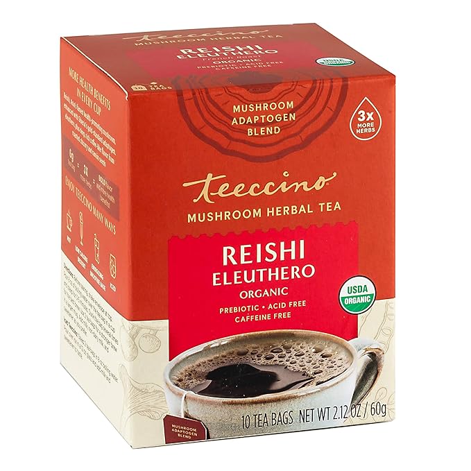 Teeccino Reishi Eleuthero Tea - French Roast - 10 TeaBags - Organic Mushroom Adaptogenic Herbal Tea, 3x More Herbs than Regular Tea Bags, Caffeine Free, Chicory Prebiotic