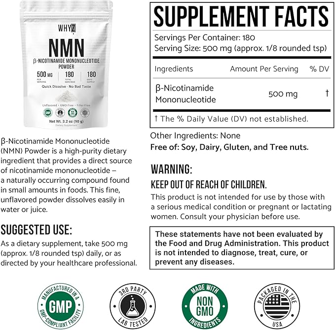 Pure NMN Powder Nicotinamide Mononucleotide Quick Dissolved NMN Supplement Powder 100% Unflavored NMN Supplement Supports NAD+ Levels Vegan Friendly Non-GMO, 180 Servings, 3.2 oz (90g)