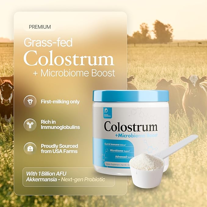 Colostrum Powder | Grass-Fed Bovine Colostrum with Akkermansia Probiotic 1B AFU | Microbiome & Gut Support | High IgG Advanced Formula | 120 Servings