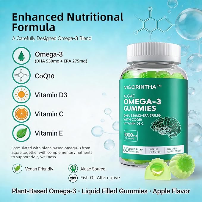 Vegan Omega-3 Algae Oil Supplement with DHA 300mg & EPA 150mg, Plant-Based Omega-3 with Vitamin D3 & K2, Fish-Free Algal Oil Softgels for Men & Women, 2 Pack, 120 Softgels, 60 Day Supply